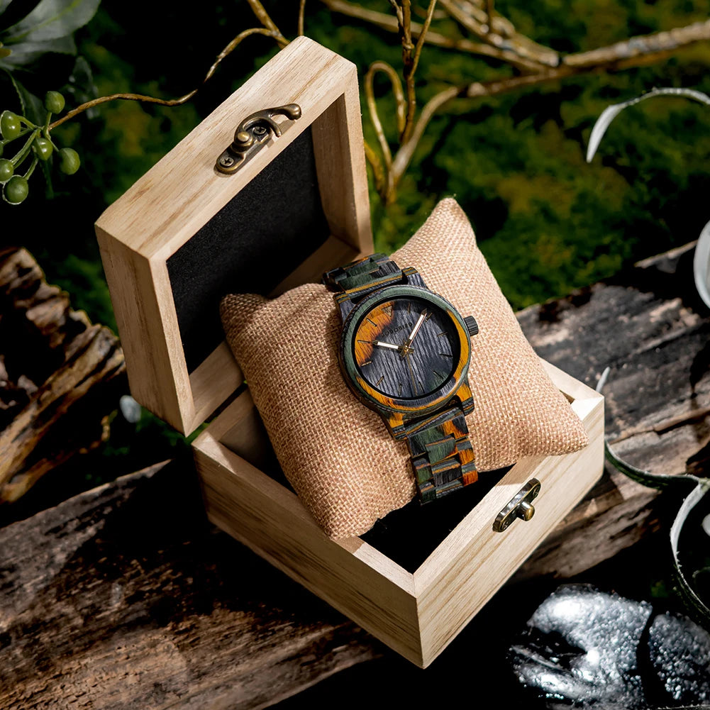 BOBOBIRD Montre en bois Montre-bracelet pour hommes Mouvement à quartz japonais Cheval fou Cuir Mode Casual