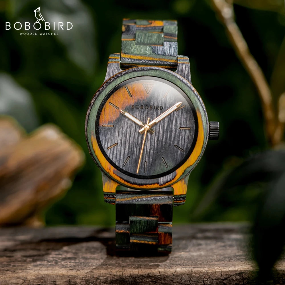 BOBOBIRD Montre en bois Montre-bracelet pour hommes Mouvement à quartz japonais Cheval fou Cuir Mode Casual