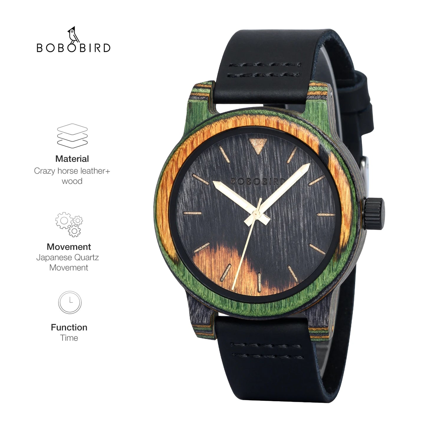 BOBOBIRD Montre en bois Montre-bracelet pour hommes Mouvement à quartz japonais Cheval fou Cuir Mode Casual