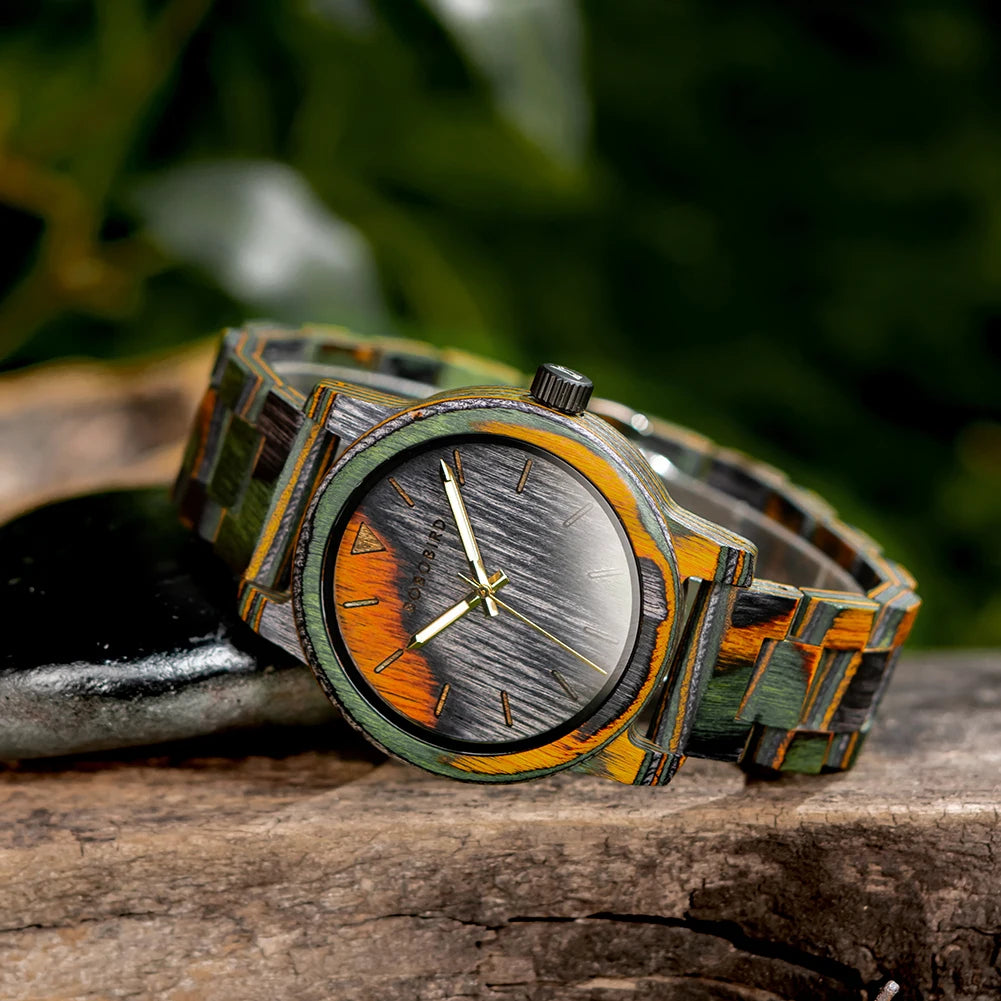BOBOBIRD Montre en bois Montre-bracelet pour hommes Mouvement à quartz japonais Cheval fou Cuir Mode Casual